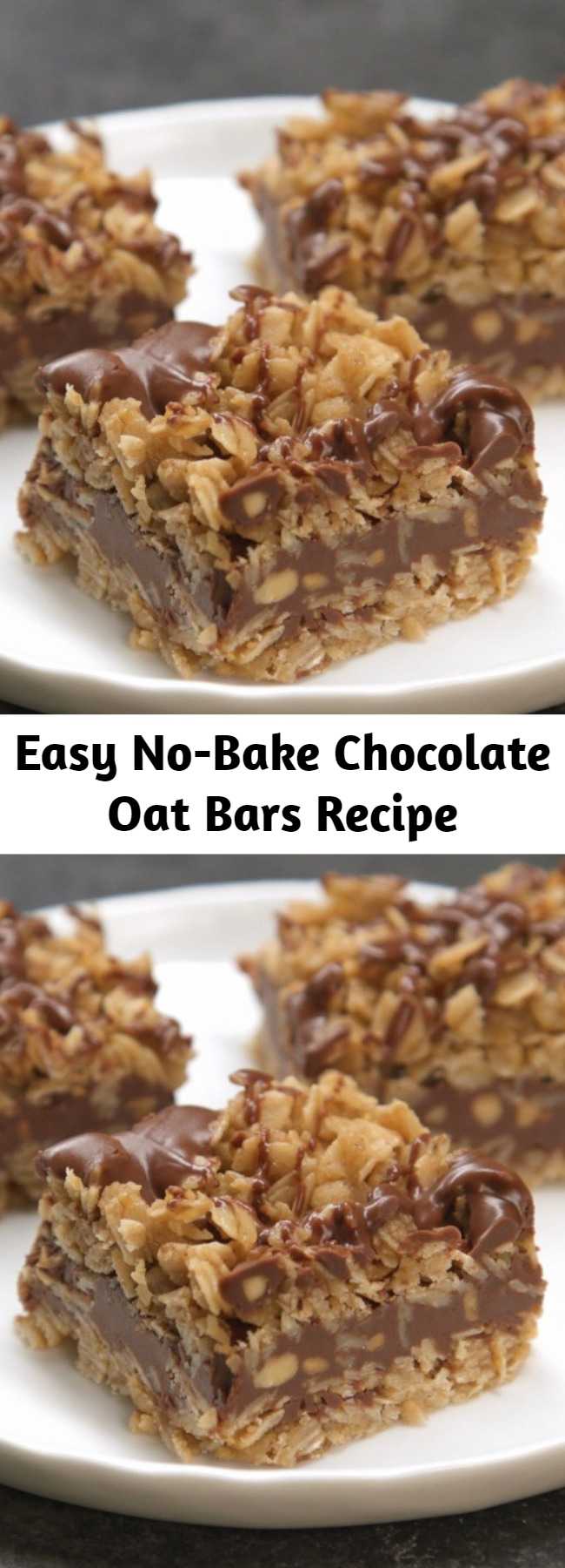 Easy No-Bake Chocolate Oat Bars Recipe - Yum! Delicious, easy, and no need to turn on the oven. Plus, if you want to make a whole bunch of bars ahead of time, you can totally freeze them, too! Just make sure you bring them back to room temperature before enjoying.