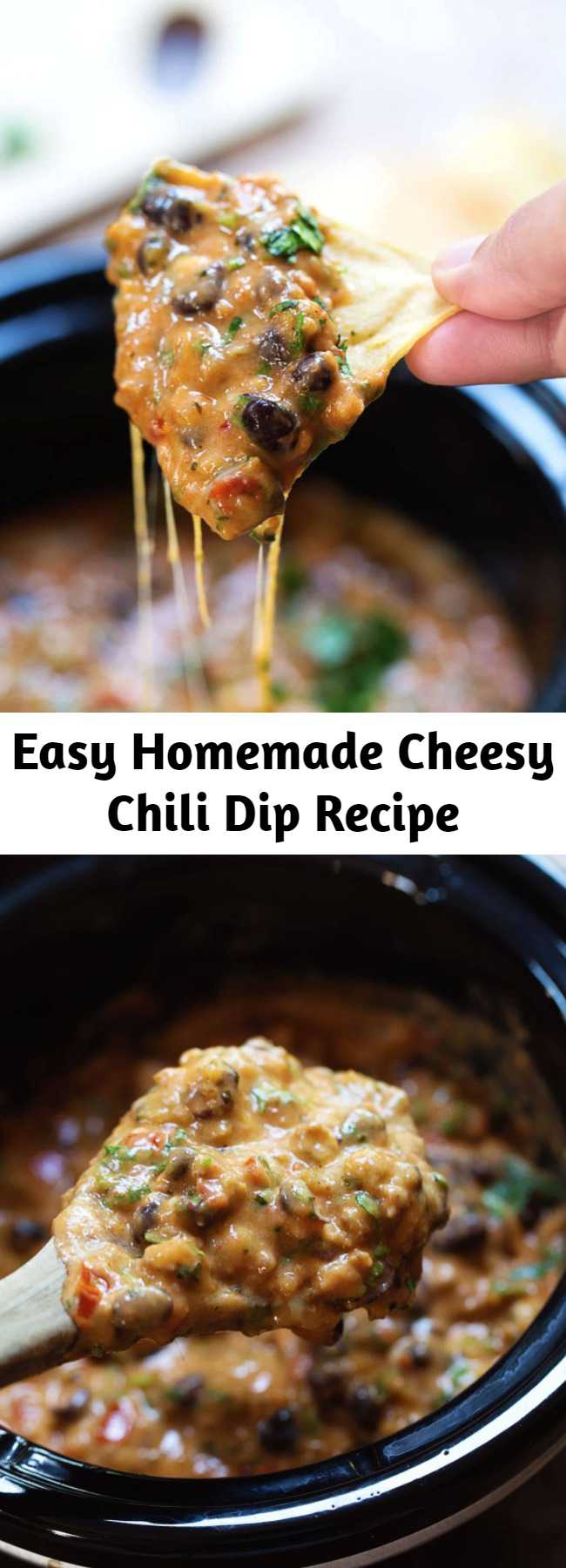 Easy Homemade Cheesy Chili Dip Recipe - This Homemade Cheesy Chili Dip is made without the processed cheese! Just homemade spicy chili and creamy cheese sauce. Deeeelish!