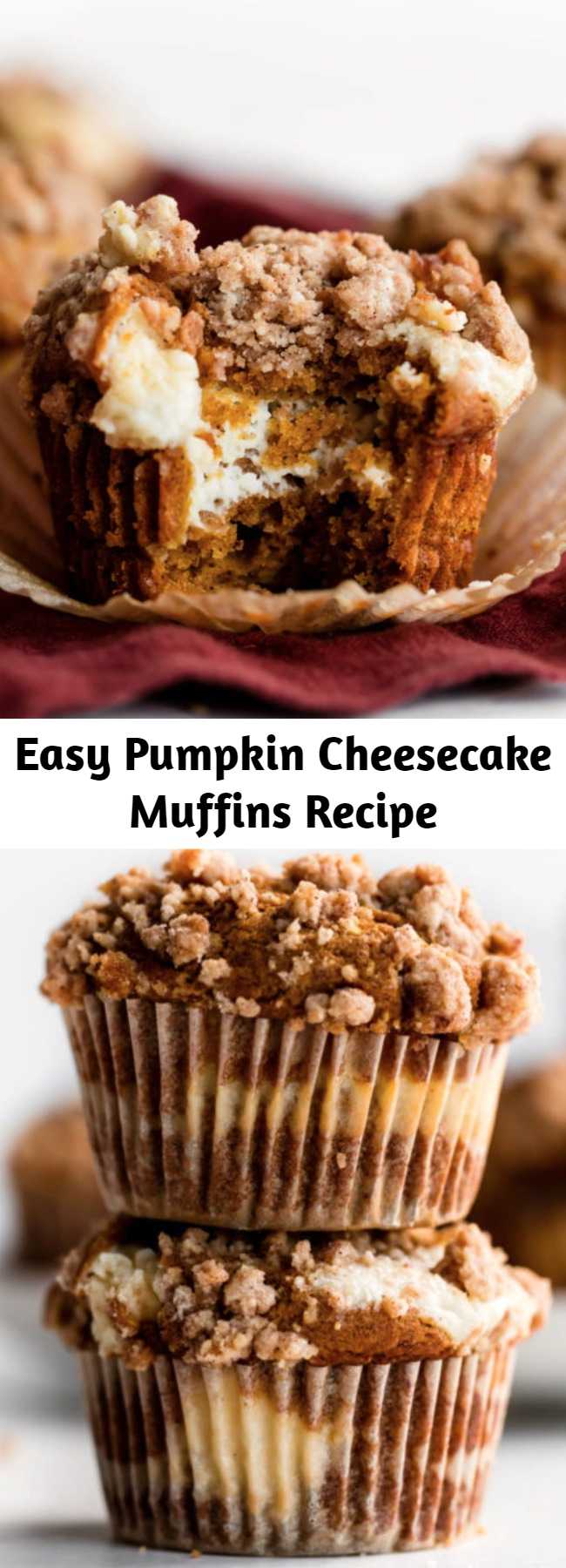 Easy Pumpkin Cheesecake Muffins Recipe - Like a delicious pumpkin roll, these pumpkin cheesecake muffins combine perfectly spiced pumpkin muffins with cream cheese filling. Top the muffins with brown sugar crumb cake topping and you have an absolutely irresistible pumpkin spice breakfast treat.